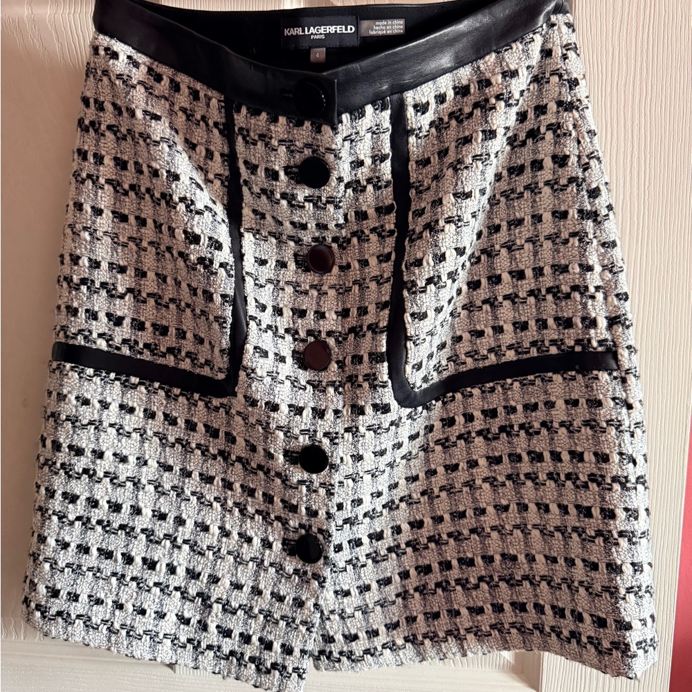 Karl Lagerfeld Black and White Tweed Button Skirt with Faux-Leather Trim